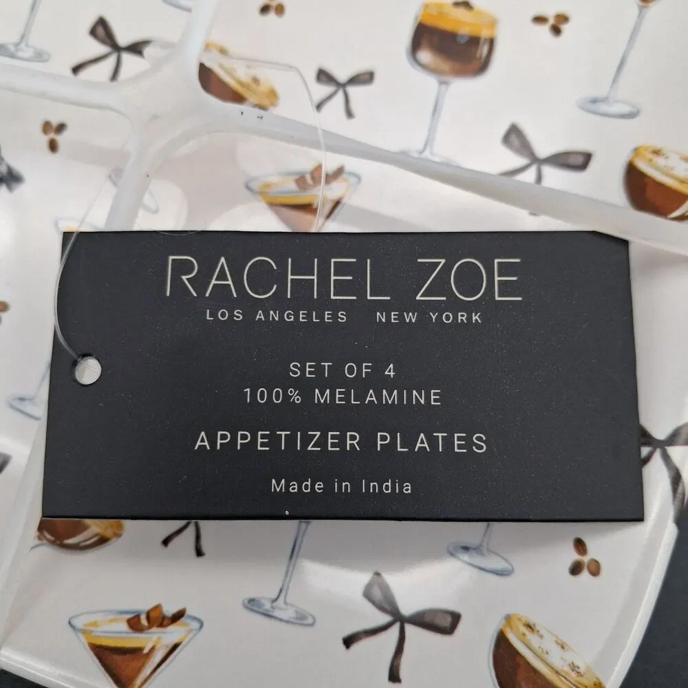 Rachel Zoe Set of 4 Chocolate Martini & Black Bow Melamine Appetizer Plates NEW